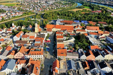 Aerial view of Kelheim between Altmuehl and Main. Kelheim