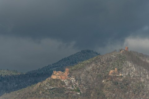 The three castles under the snow near the wine route in winter. Ribeauville