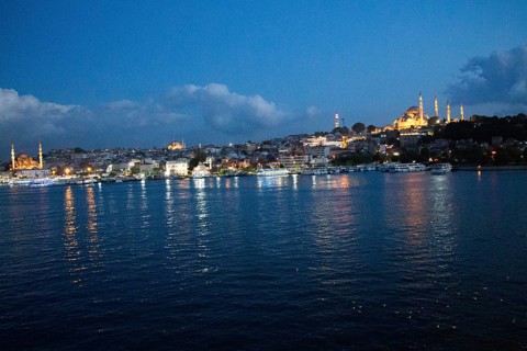 Night view of Golden Horn and Suleymaniye mosque on display