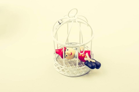 Metal cage and Little puppet pinocchio made of wood