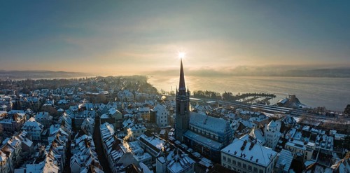 Aerial view of the town of Radolfzell on Lake Constance in winter with the Radolfzell Minster District of Constance