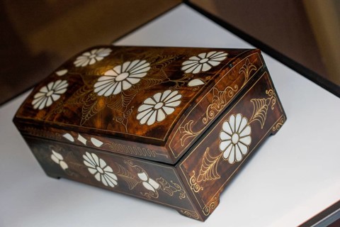 Ancient style wooden treasure chest with mother of pearl inlay