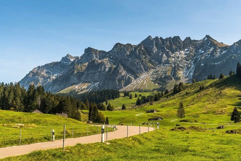 Pass road to Schwaegalp with view of the Alpstein massif and the Saentis