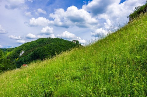 Landscape of the Swabian Alb with a view of Uhenfels Castle near Seeburg between Bad Urach and Muensingen