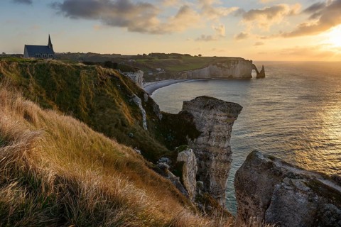 View of Etretat with Chapelle Notre-Dame de la Garde
