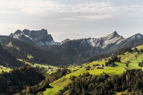 Landscape in Toggenburg with view of the mountains Mattstock