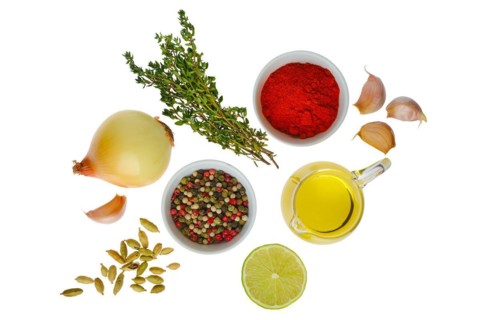 All purpose spice and herbs. Condiments isolated on white background