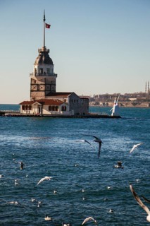 Maidens Tower located in the middle of Bosporus