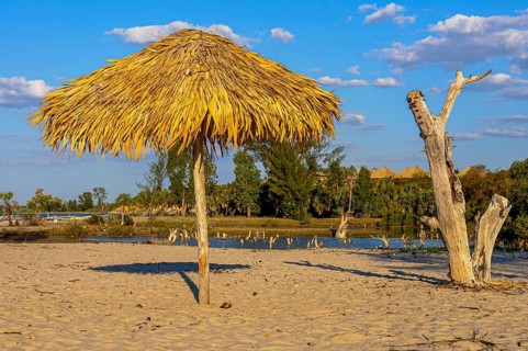 Sun umbrella on a sandy beach