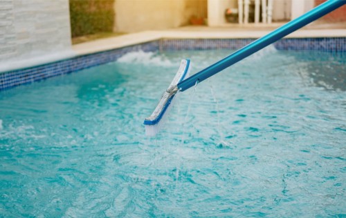 Swimming pool cleaning with brush. Pool brush for wall cleaning