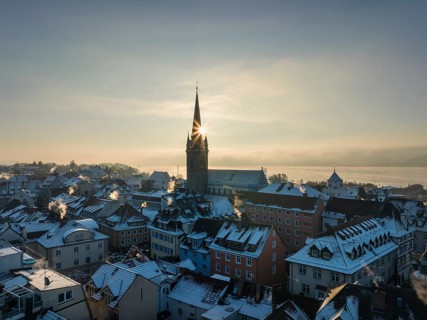 Aerial view of the town of Radolfzell on Lake Constance in winter with the Radolfzell Minster District of Constance