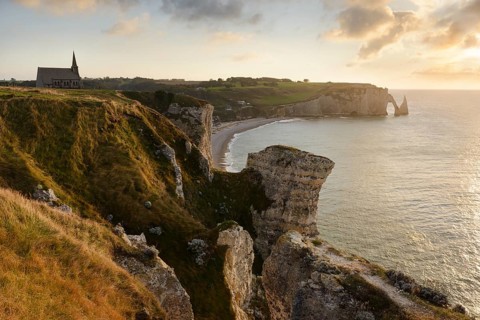 View of Etretat with Chapelle Notre-Dame de la Garde