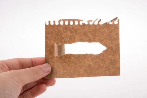 Hand holding torn notepaper on a white background