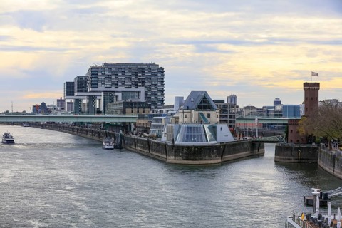 View across the Rhine to the Chocolate Museum and Malakoff Tower
