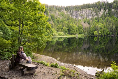 A woman sits on a bench at Feldsee