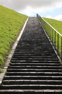 Long staircase in a hillside with grass