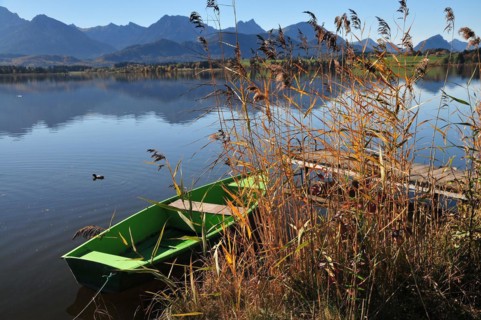 View over the Hopfensee lake in the Allgaeu towards Aggenstein near Pfronten