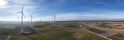 Wind farm in the Swabian Alb with motorway A8