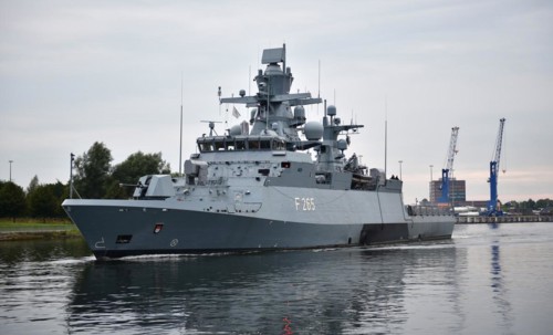 German Navy corvette Koeln F 265 in the Kiel Canal