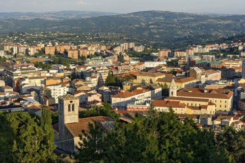 View from Castello Monforte on Campobasso with church San Bartolomeo and cathedral