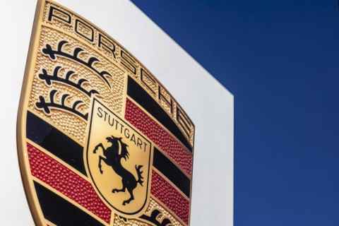 Porscheplatz Zuffenhausen with Porsche logo and headquarters