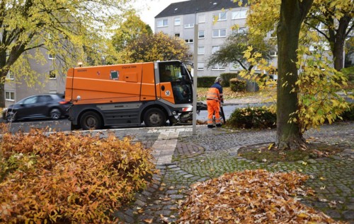 Sweeper sweeps leaves in autumn