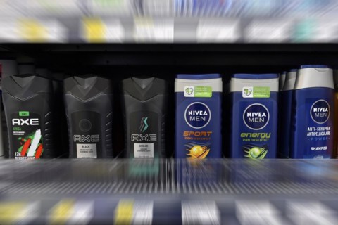 Axe and Nivea shampoos sales shelf