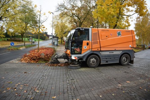 Sweeper sweeps leaves in autumn
