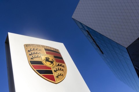 Porscheplatz Zuffenhausen with Porsche logo and headquarters
