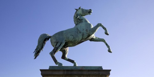 Bronze statue Sachsenross in front of the main building of Leibniz Universitaet Hannover