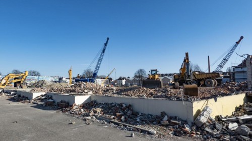 Demolition work with heavy construction machinery