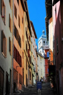 Alley in the Cite Vauban in Briancon with a view of the cathedral