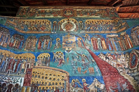 Frescoes on the outer wall. The Voronet Monastery