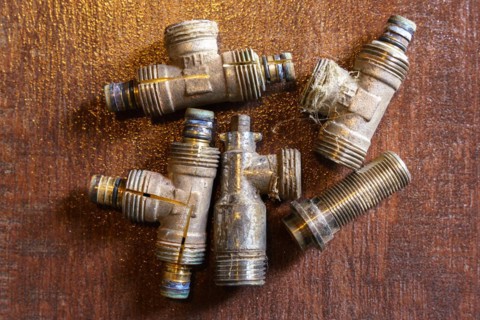 Old brass nuts and fittings for plumbing use recycling. Recycling of non-ferrous scrap