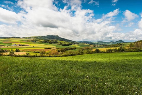 Hegau landscape with view of the Hegau volcanoes Hohenstoffeln and Hohenhewen