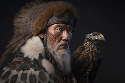Kazakh Golden Eagle Hunter Tribe Portrait. Ai generated art