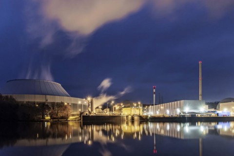 Neckarwestheim nuclear power plant in the evening with cloud of water vapour