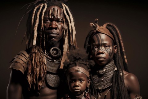 Family portrait of Himba herders tribe in Namibia. Ai generated art