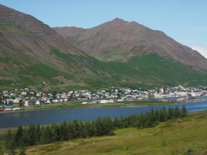Blue sky over fjord