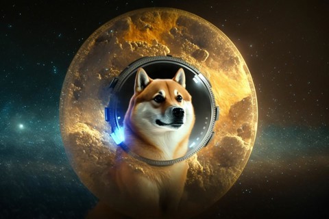 Dogecoin digital currency in space. Ai generated art