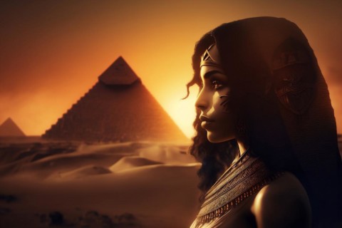 Cleopatra in a sunset with the pyramids of Giza in the background in Egypt. Ai generated