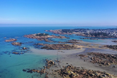 Aerial view rocky coast of Tregastel and Ploumanach