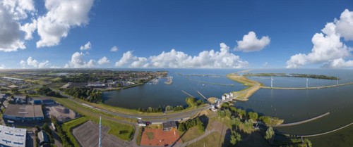 Aerial view of Enkhuizen and the Krabbersgat lock between Markermeer and IJsselmeer