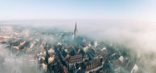 Swathes of fog drift over the old town of Radolfzell on Lake Constance