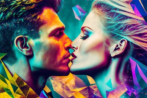 Glamorous futuristic couple kissing on colorful futuristic. Ai generated