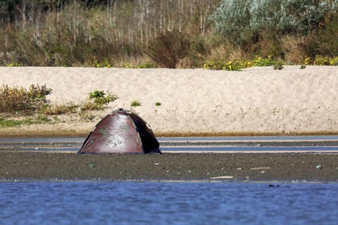Camouflage tent of a nature photographer on a mudflat