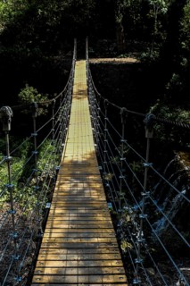 Close up of pedestrian suspension bridge in the view