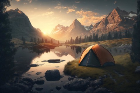 Tent and in the background a mountain and a river