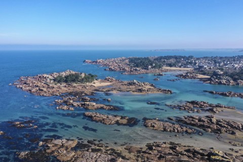 Aerial view rocky coast of Tregastel and Ploumanach