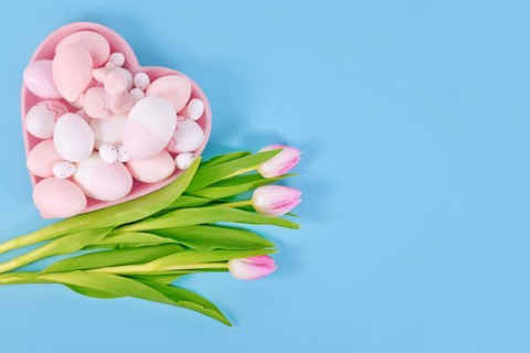 Easter decoration with painted eggs in heart shaped plate and pink tulip flowers on blue background with copy space